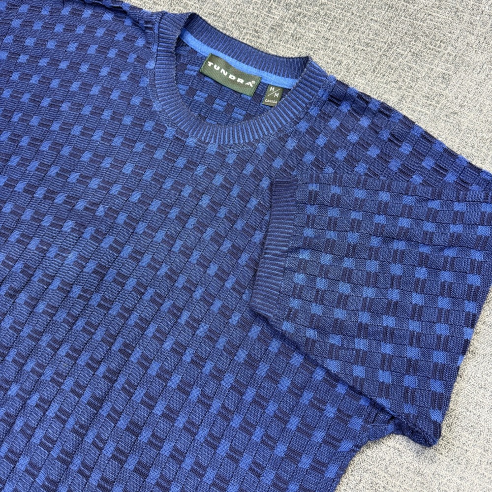 Vintage 90s Tundra Sweater Mens M Blue Geometric Textured Knit Short Sleeve